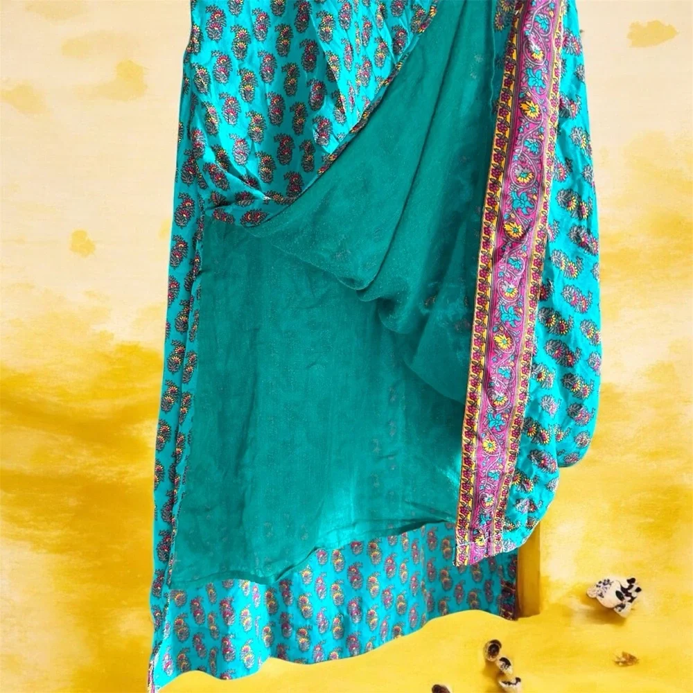 Silk Kurti Indian Design Vibrant Teal Dress Tunic with Purple Accents 31” Waist - Picture 5 of 9